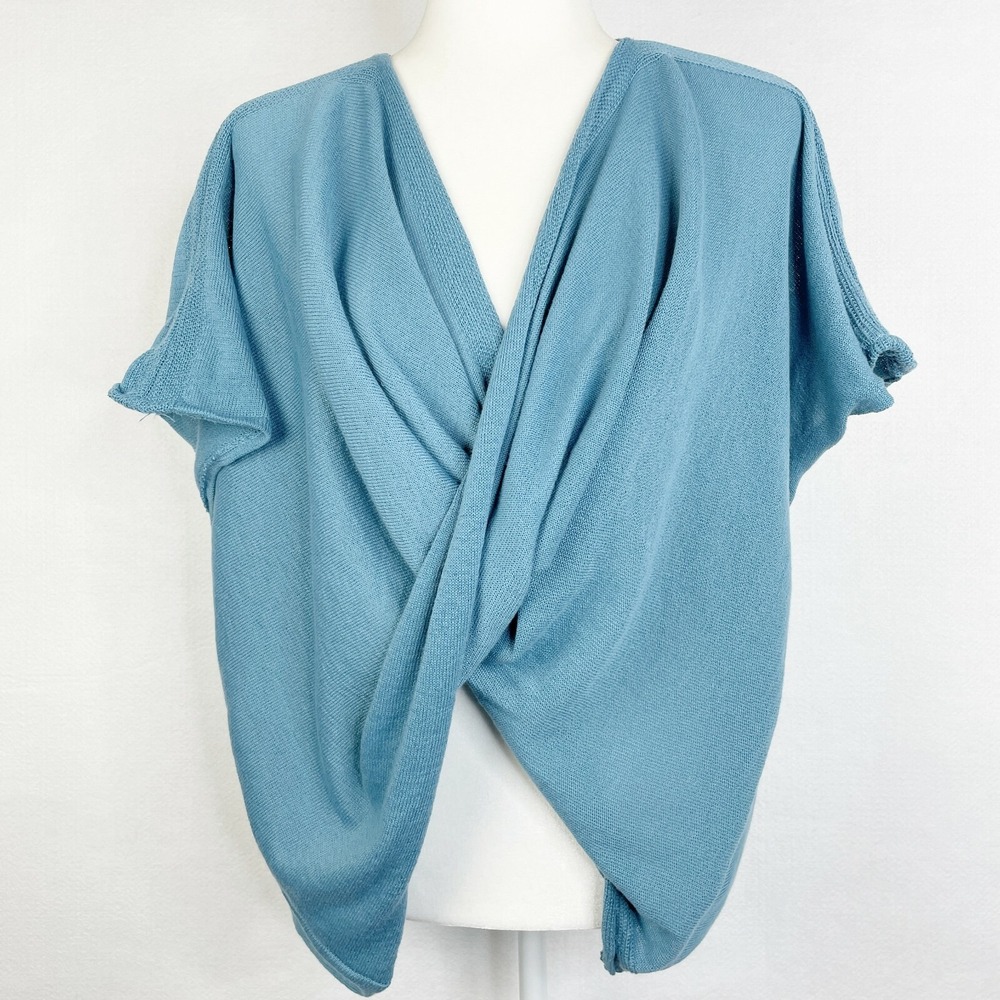Light Blue Short Sleeve Twist Front Drape Knit Sweater Top